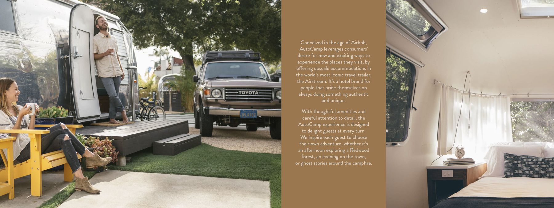 AutoCamp brand book spread: guests relaxing outside an Airstream beside a vintage Toyota Land Cruiser, brand copy on a tan panel, and a sunlit Airstream bedroom