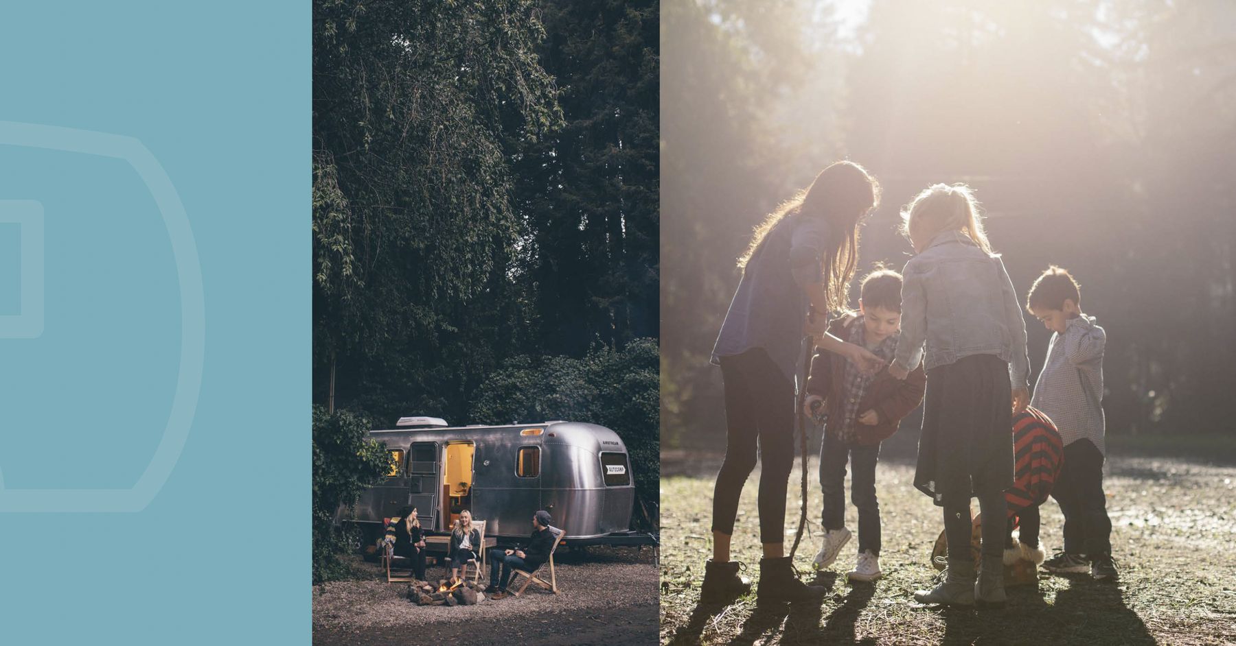 AutoCamp brand book spread: friends around a campfire beside an Airstream in the redwoods, and a family exploring a sunlit forest clearing