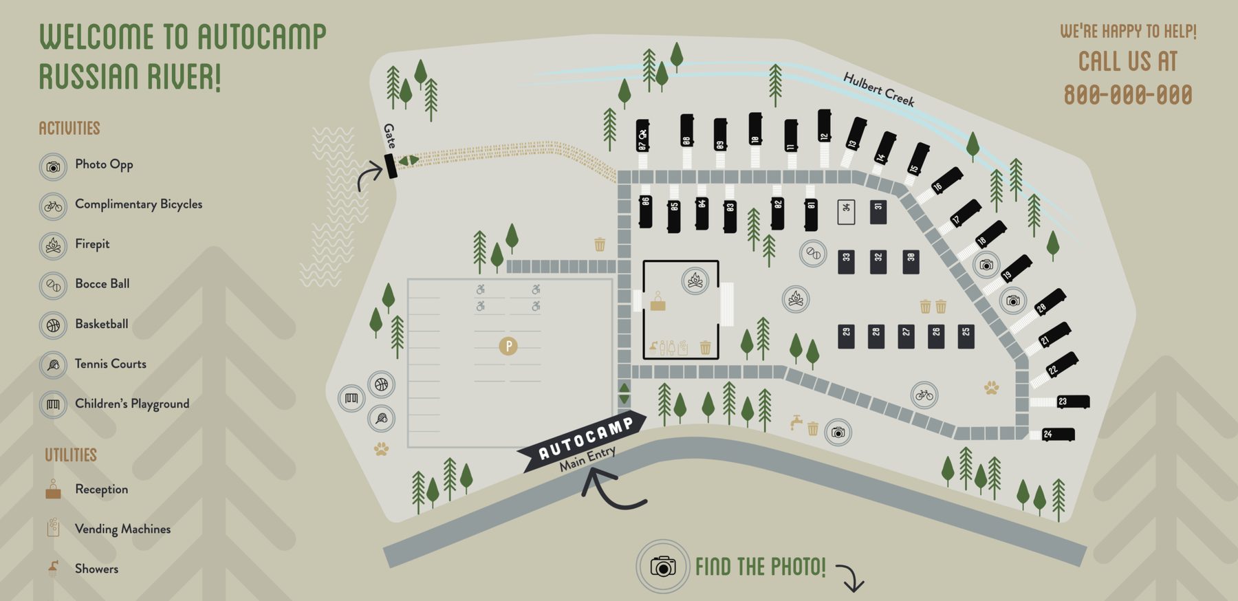 Illustrated AutoCamp Russian River site map: Airstream sites along Hulbert Creek, with a legend of activities and utilities