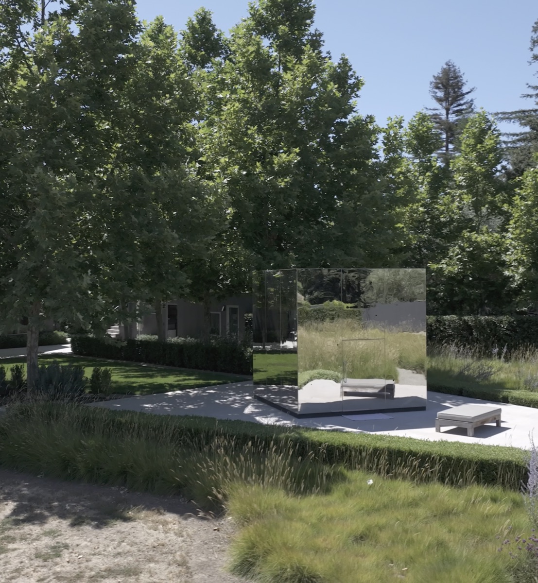 Still from the Bella Oaks video: a mirrored glass pavilion in a landscaped garden