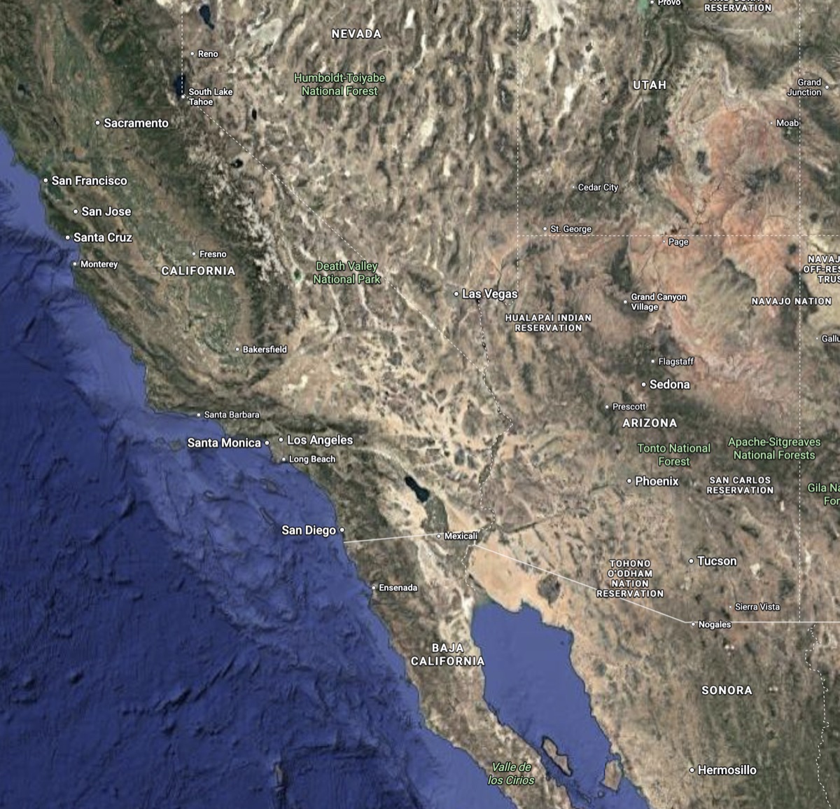 Satellite map of California and Arizona