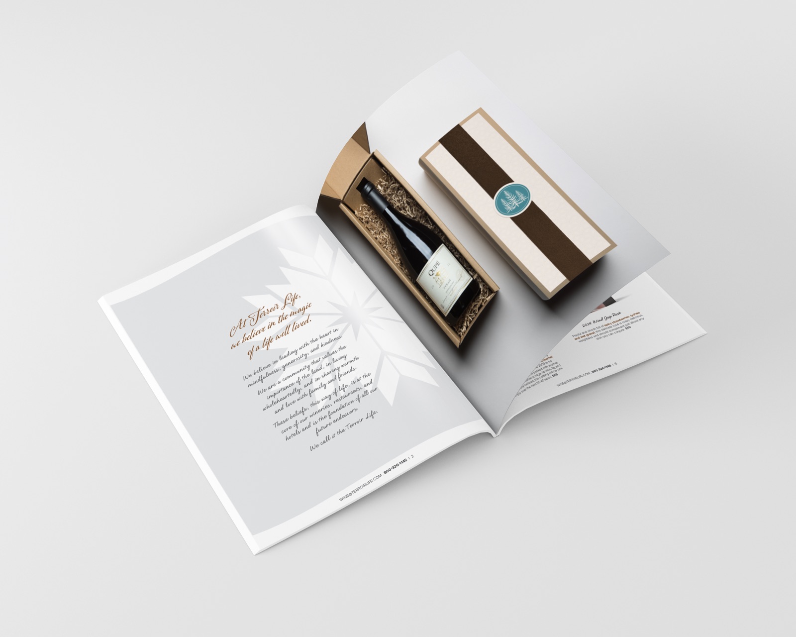 Terroir Life catalog spread: a Qupé Syrah bottle in a gift box beside a handwritten brand statement
