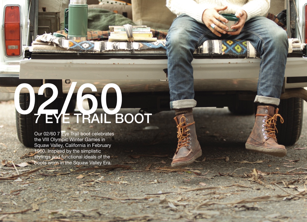 SeaVees 02/60 7 Eye Trail Boot campaign: man sitting on a truck tailgate wearing brown leather lace-up boots