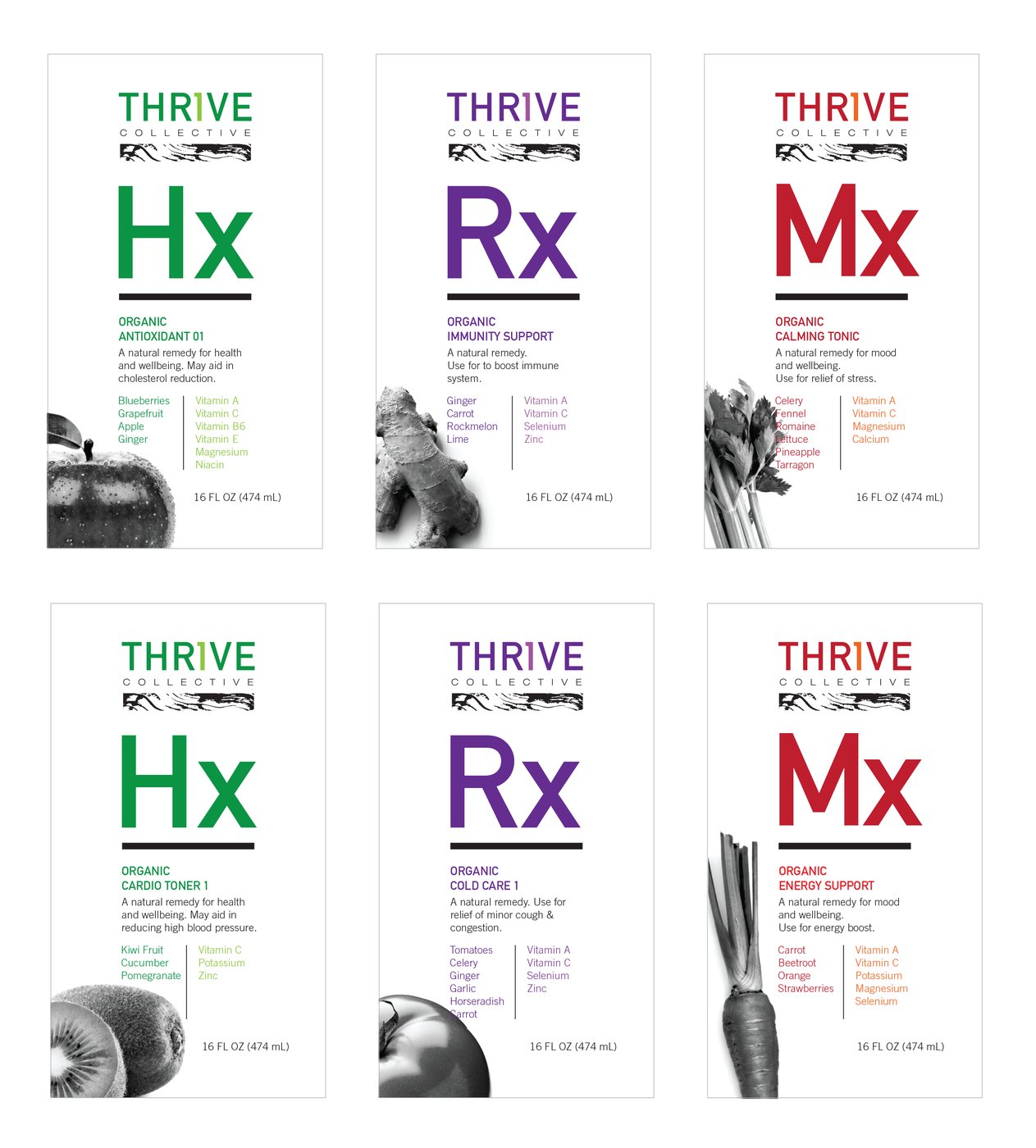 Six Thrive Collective juice labels: Hx, Rx and Mx organic remedies in green, purple and red, each with ingredients, vitamins and a black-and-white produce photo