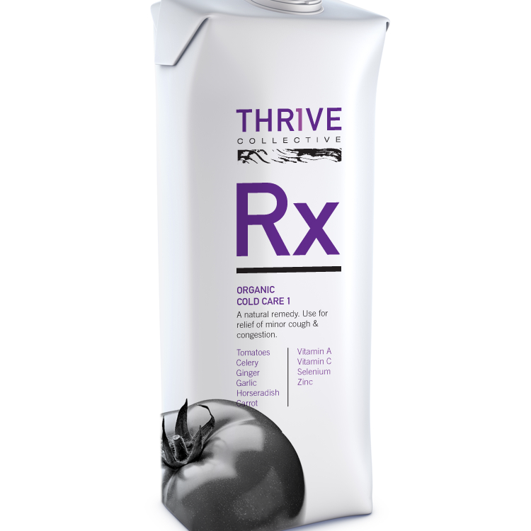Thrive Collective Rx Organic Cold Care 1 juice carton with purple type and a tomato illustration